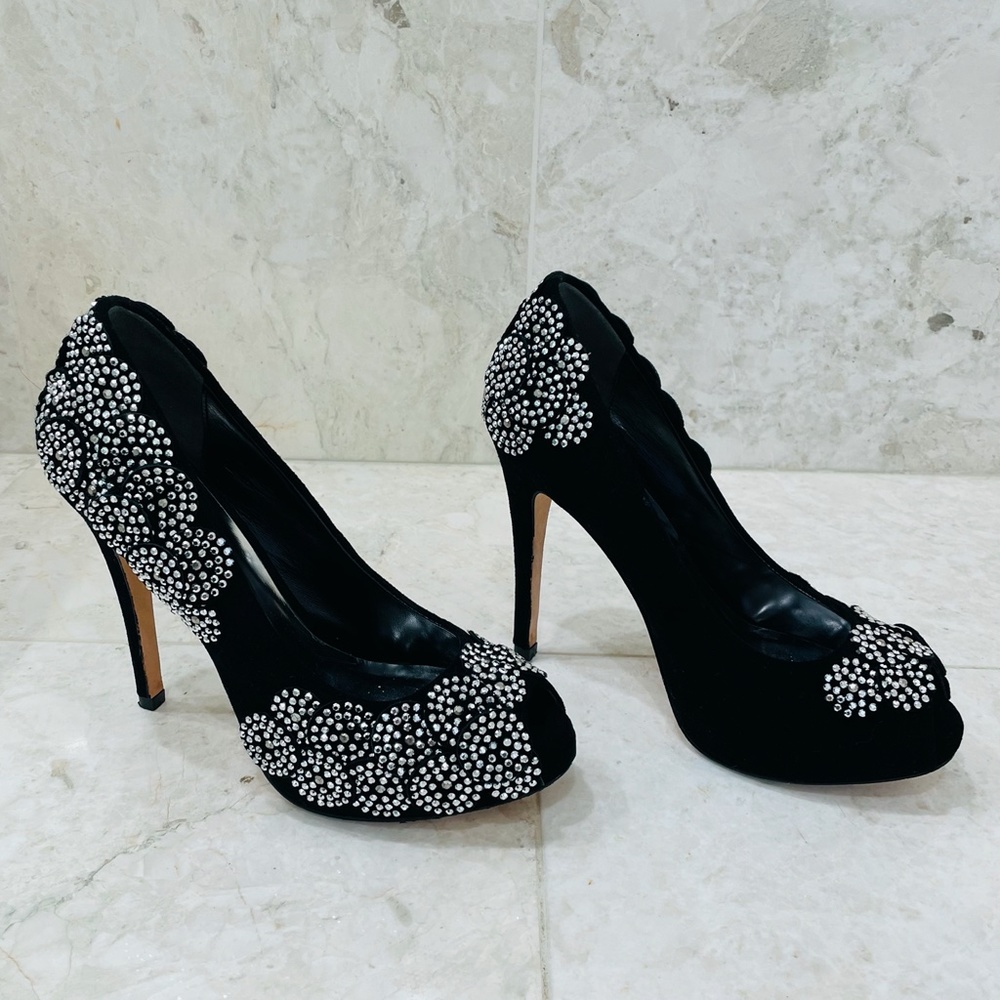 KAREN MILLEN {6} Black Silver Beaded Pumps Peep Toe Stiletto - Picture 3 of 16